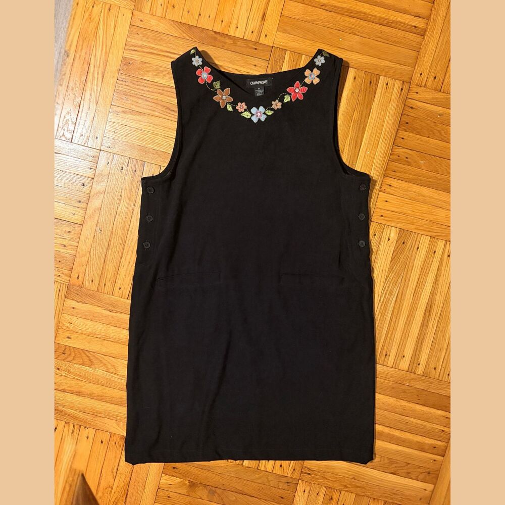 Vintage 90s Black Faux Suede Flower Embroidered Knee Length Jumper / Tunic